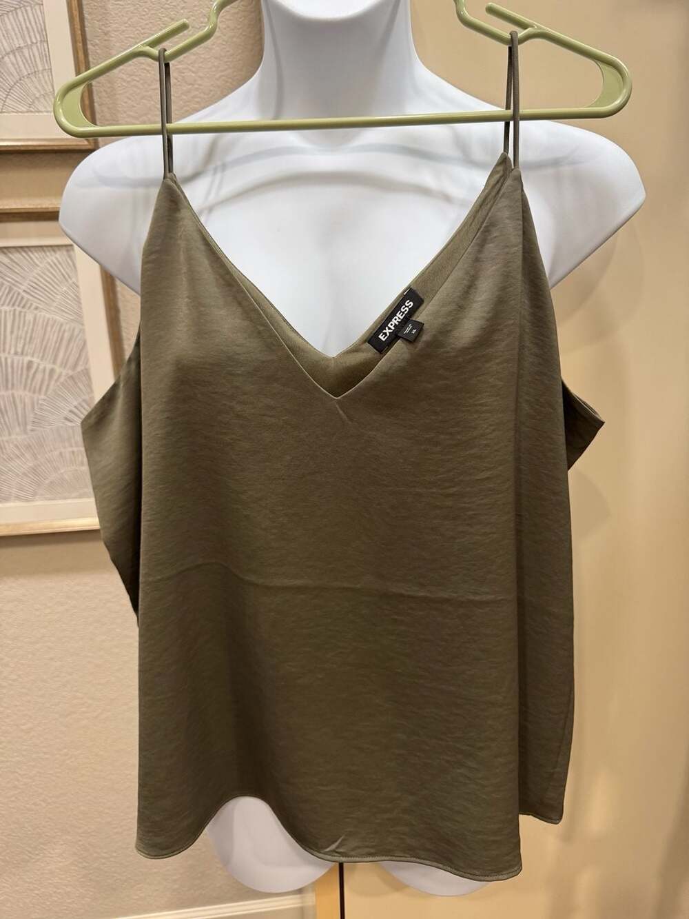 Express Satin V-Neck Downtown Cami Olive Green Tank Top XL
